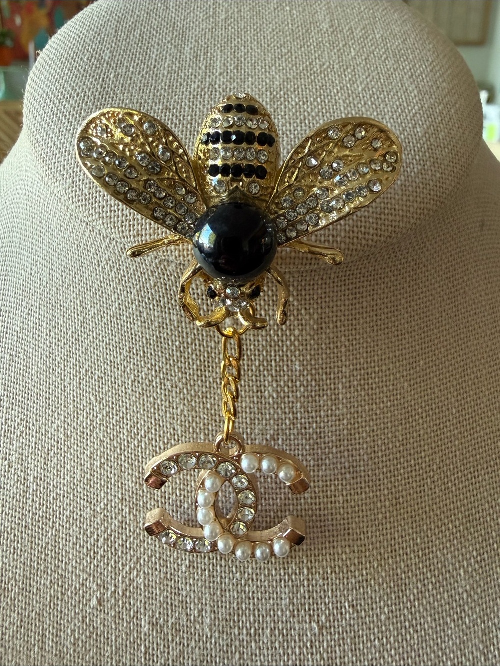 Gold and Crystal Bee Brooch with Pearl-Embellished Logo Charm